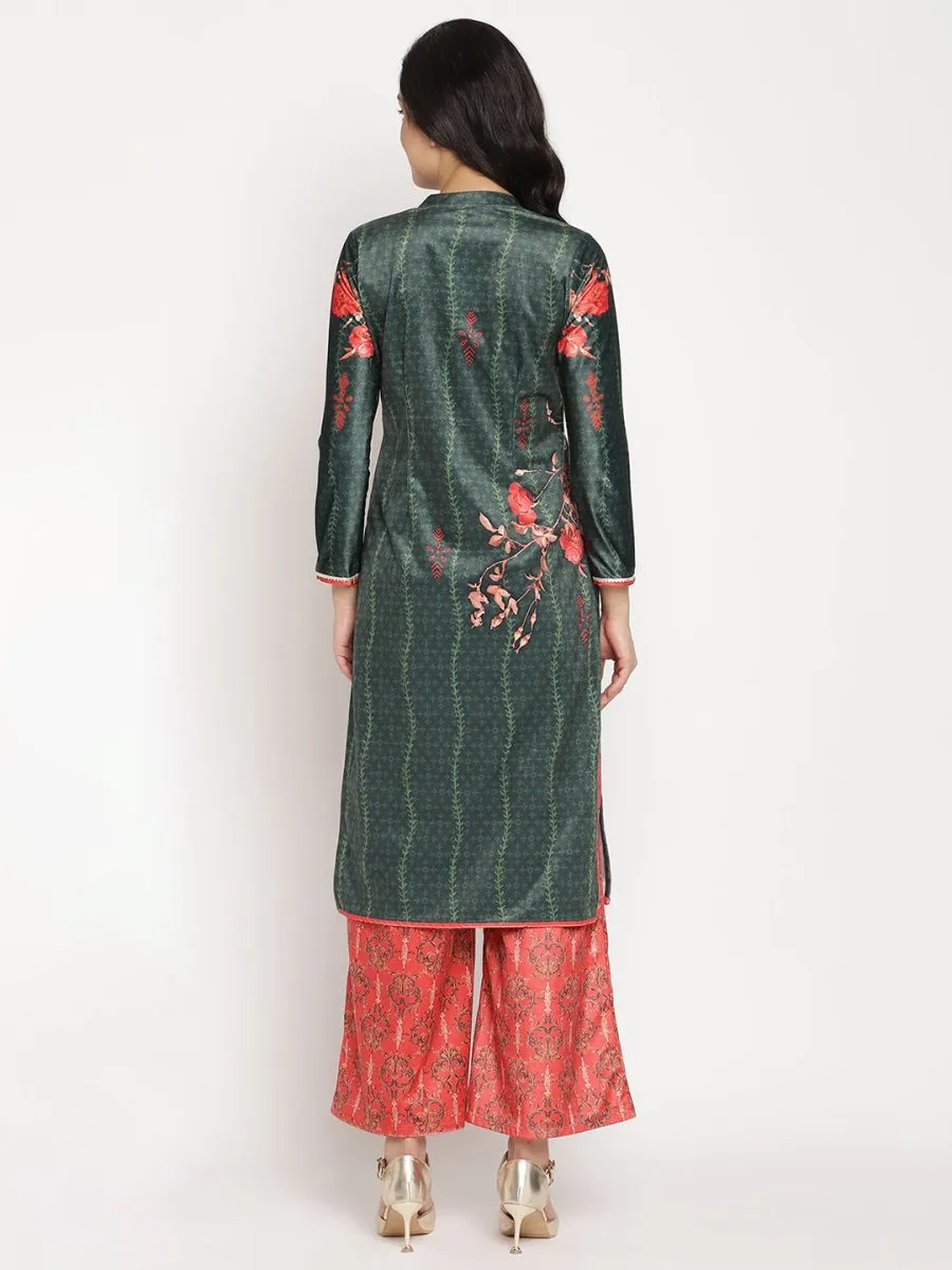 Ahalyaa Women's Dark Green Color Digital Print Velvet Kurta With Palazzo