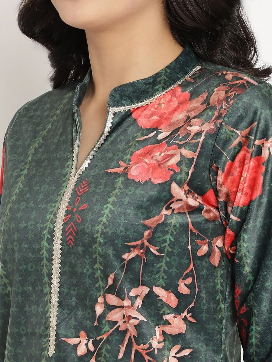 Ahalyaa Women's Dark Green Color Digital Print Velvet Kurta With Palazzo