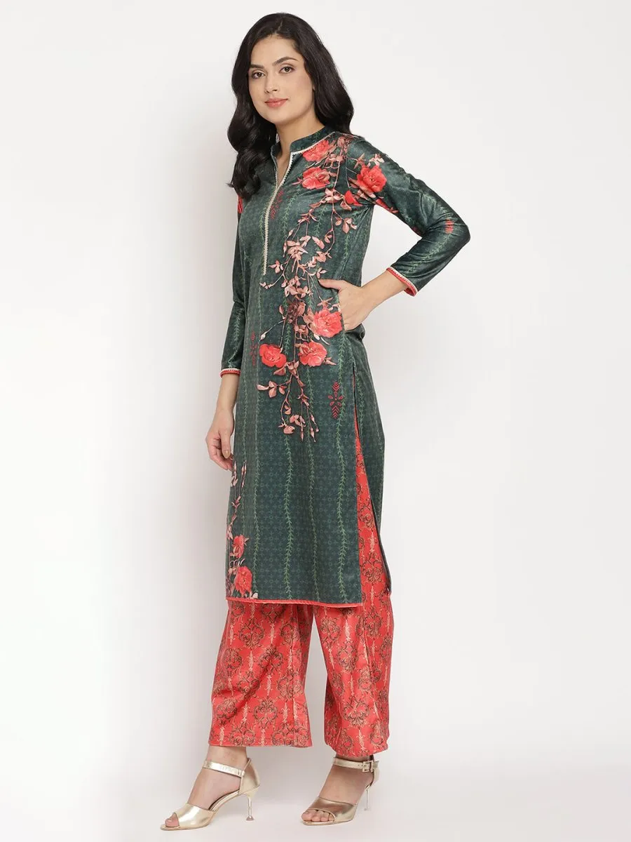 Ahalyaa Women's Dark Green Color Digital Print Velvet Kurta With Palazzo