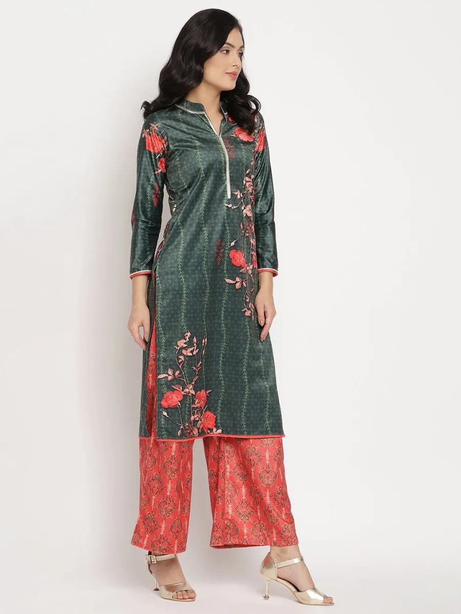 Ahalyaa Women's Dark Green Color Digital Print Velvet Kurta With Palazzo