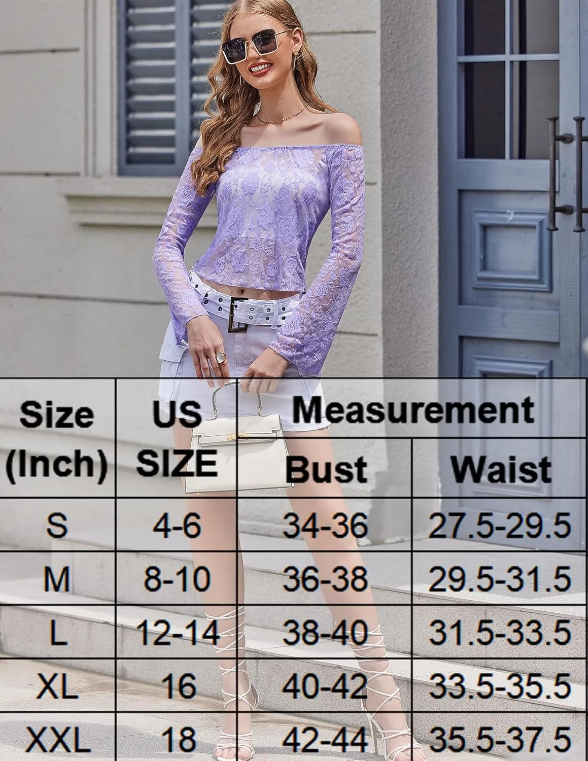 Avidlove Lace Long Sleeve Tops for Women Y2k Off The Shoulder Tops Sexy Sheer Bell Sleeve Going Out Tops