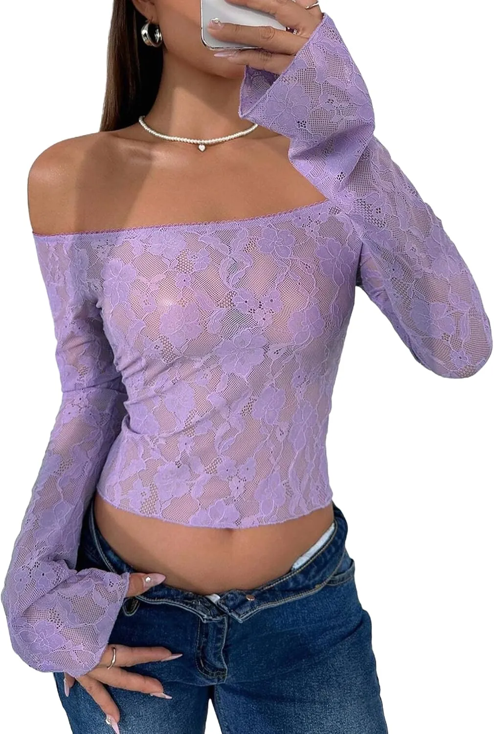 Avidlove Lace Long Sleeve Tops for Women Y2k Off The Shoulder Tops Sexy Sheer Bell Sleeve Going Out Tops