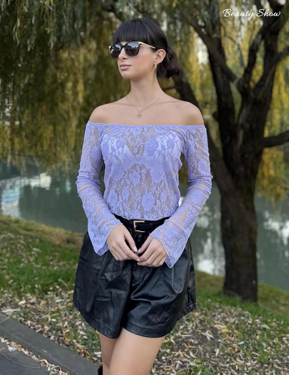 Avidlove Lace Long Sleeve Tops for Women Y2k Off The Shoulder Tops Sexy Sheer Bell Sleeve Going Out Tops