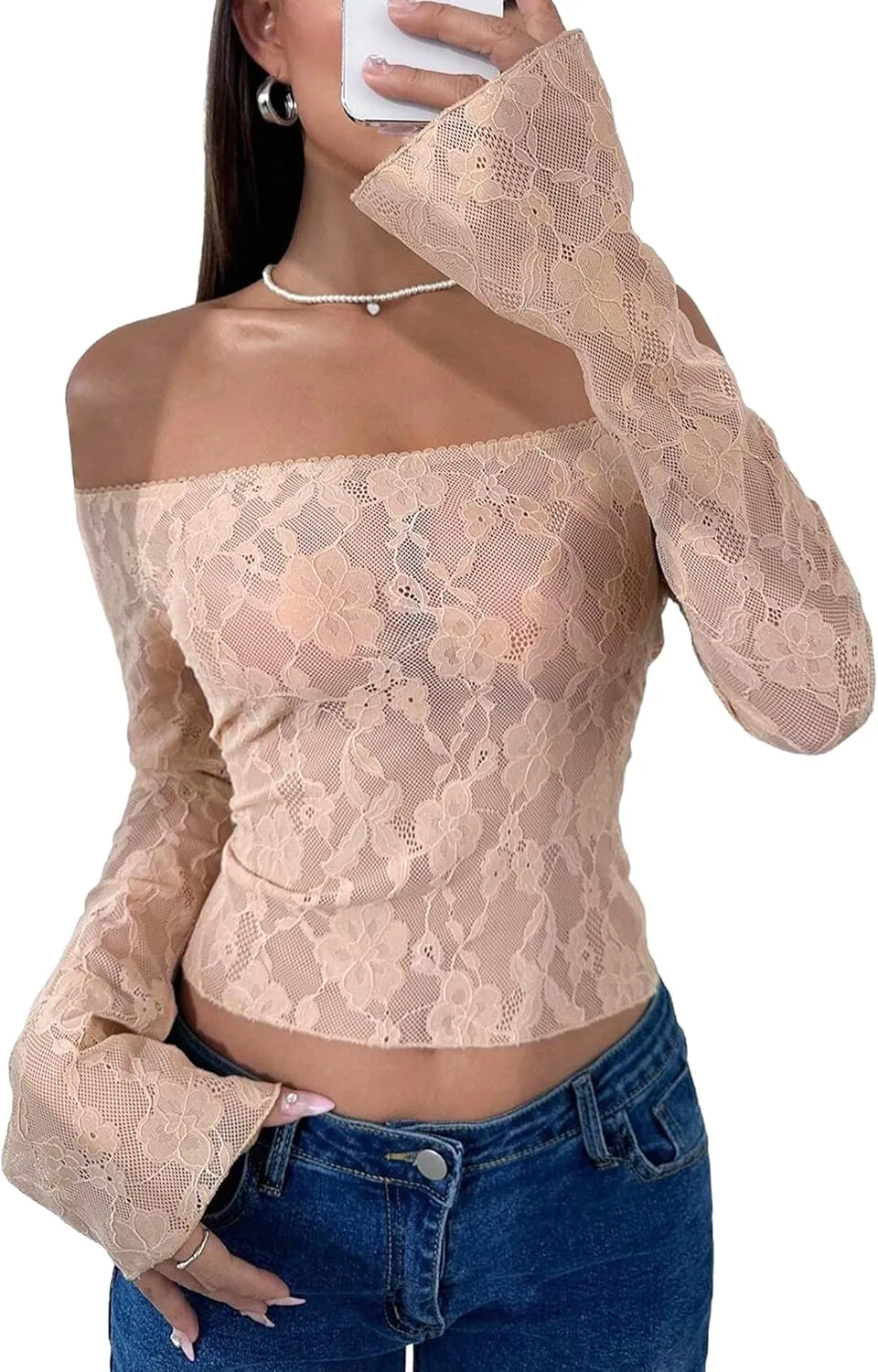 Avidlove Lace Long Sleeve Tops for Women Y2k Off The Shoulder Tops Sexy Sheer Bell Sleeve Going Out Tops