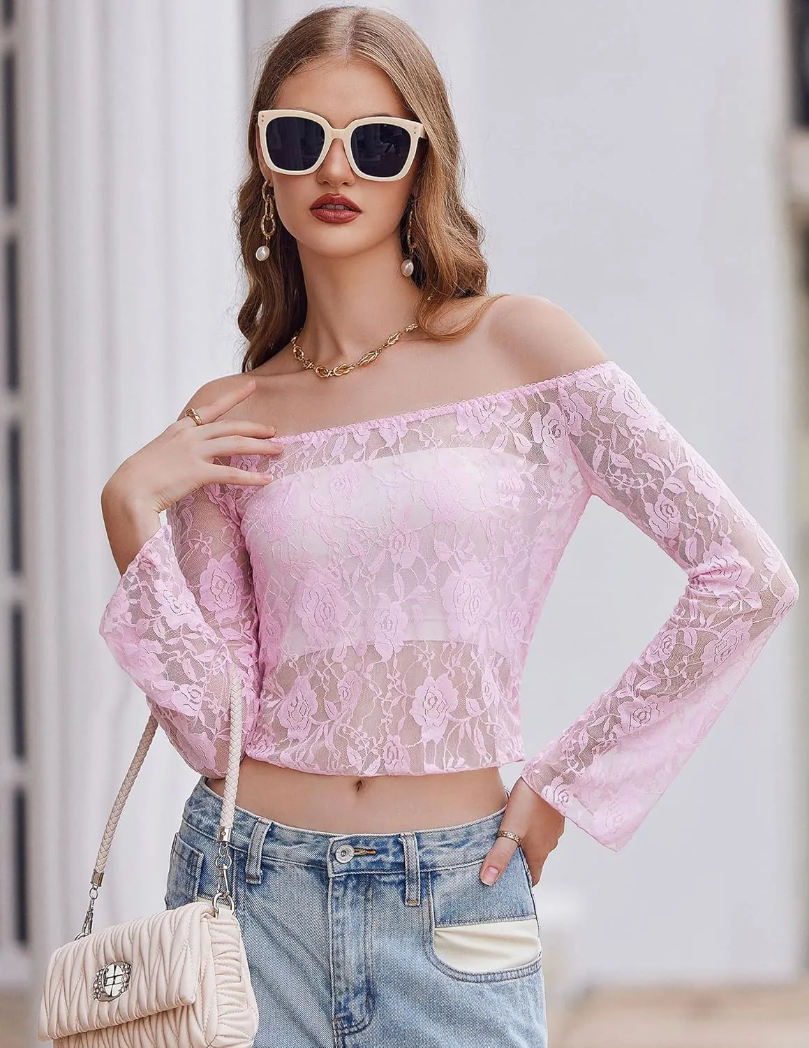 Avidlove Lace Long Sleeve Tops for Women Y2k Off The Shoulder Tops Sexy Sheer Bell Sleeve Going Out Tops