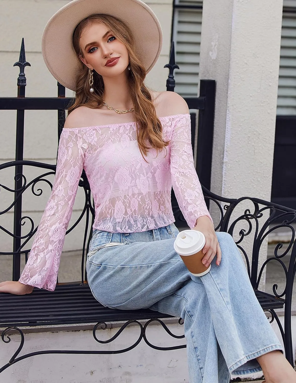 Avidlove Lace Long Sleeve Tops for Women Y2k Off The Shoulder Tops Sexy Sheer Bell Sleeve Going Out Tops
