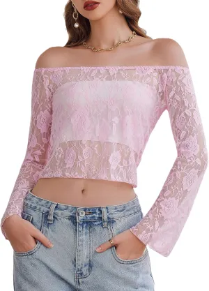 Avidlove Lace Long Sleeve Tops for Women Y2k Off The Shoulder Tops Sexy Sheer Bell Sleeve Going Out Tops