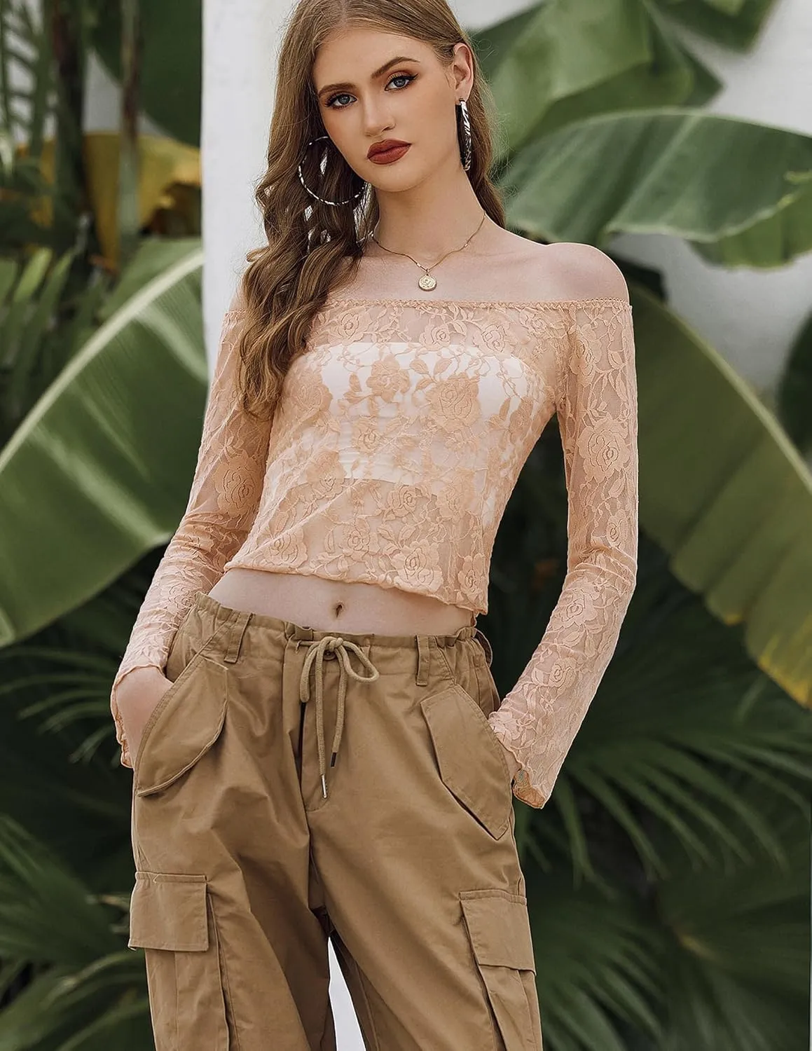 Avidlove Lace Long Sleeve Tops for Women Y2k Off The Shoulder Tops Sexy Sheer Bell Sleeve Going Out Tops