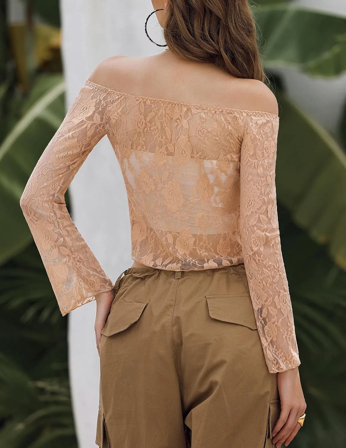 Avidlove Lace Long Sleeve Tops for Women Y2k Off The Shoulder Tops Sexy Sheer Bell Sleeve Going Out Tops