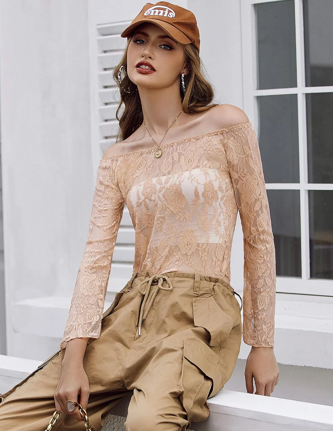 Avidlove Lace Long Sleeve Tops for Women Y2k Off The Shoulder Tops Sexy Sheer Bell Sleeve Going Out Tops
