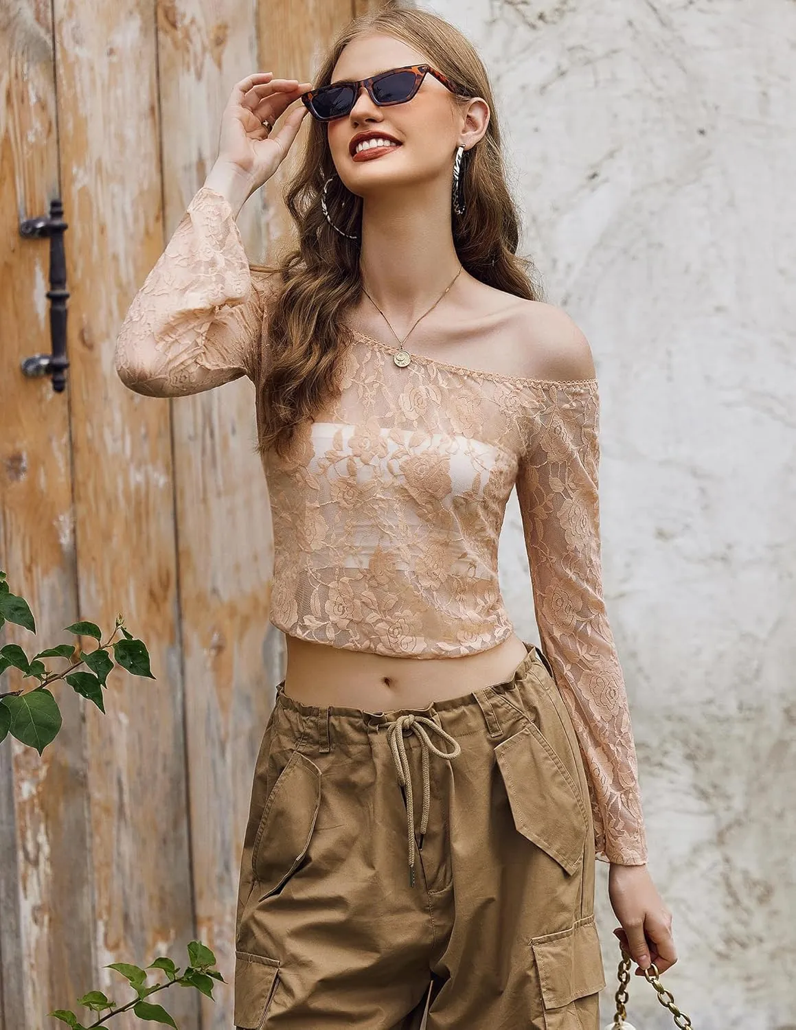 Avidlove Lace Long Sleeve Tops for Women Y2k Off The Shoulder Tops Sexy Sheer Bell Sleeve Going Out Tops