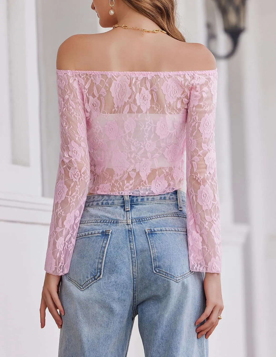 Avidlove Lace Long Sleeve Tops for Women Y2k Off The Shoulder Tops Sexy Sheer Bell Sleeve Going Out Tops