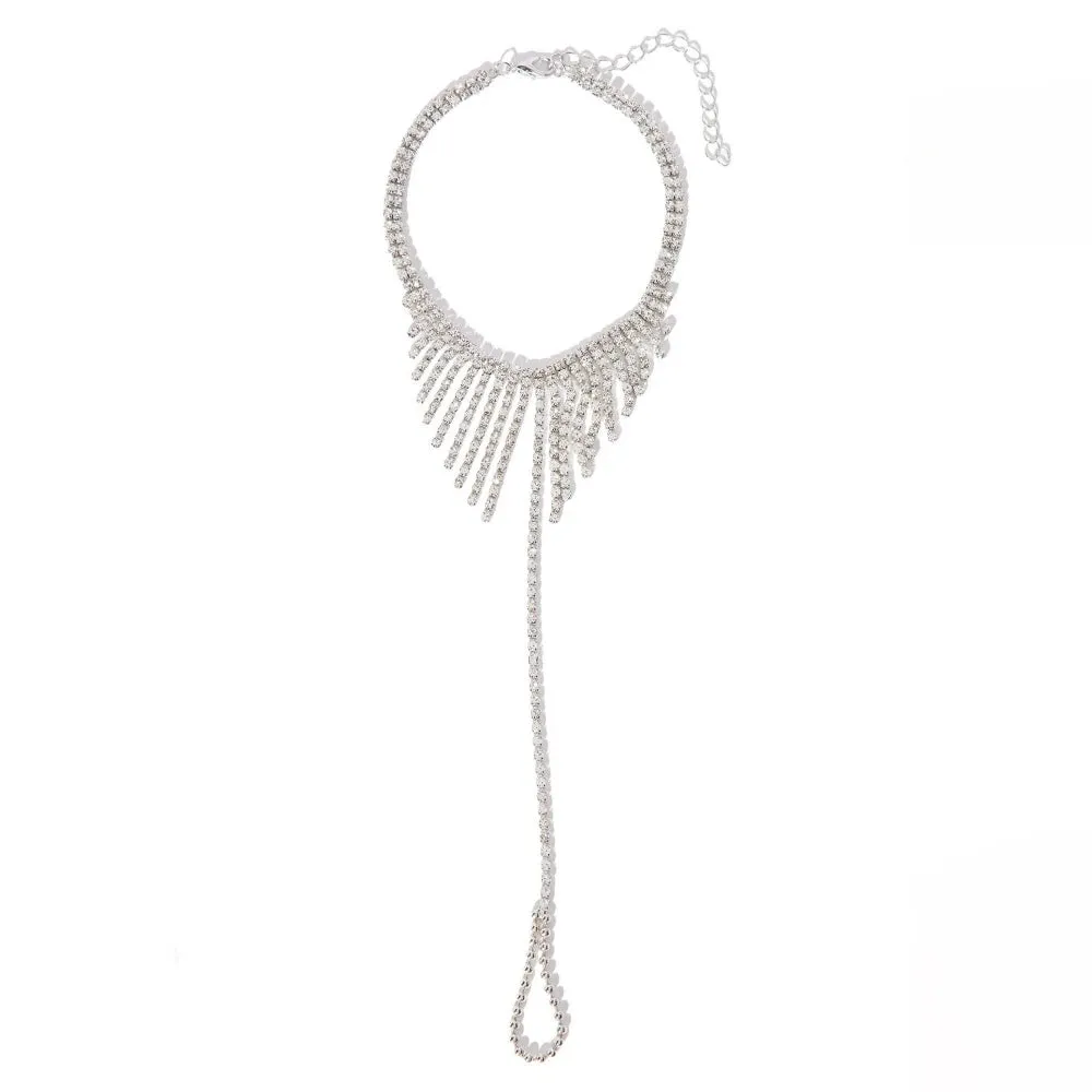 Boho Chic Shiny Rhinestone Tassel Connecting Toe Anklet Beach Footwear Jewelry