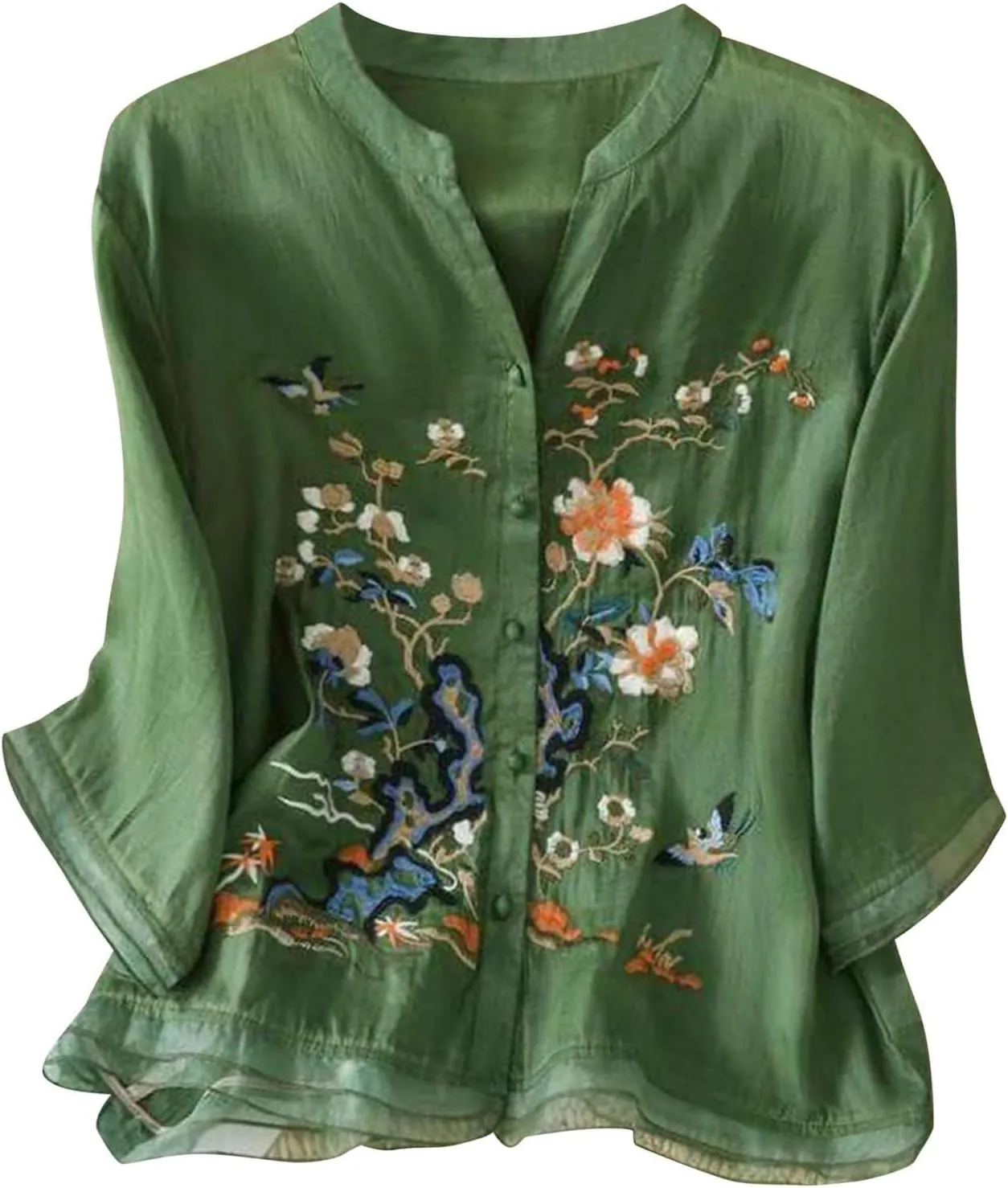 Cotton Linen Shirts for Women 2025 Floral Embroidered Tops Boho Ethnic Women 3/4 Sleeve V Neck Gauze Tunic Tshirt