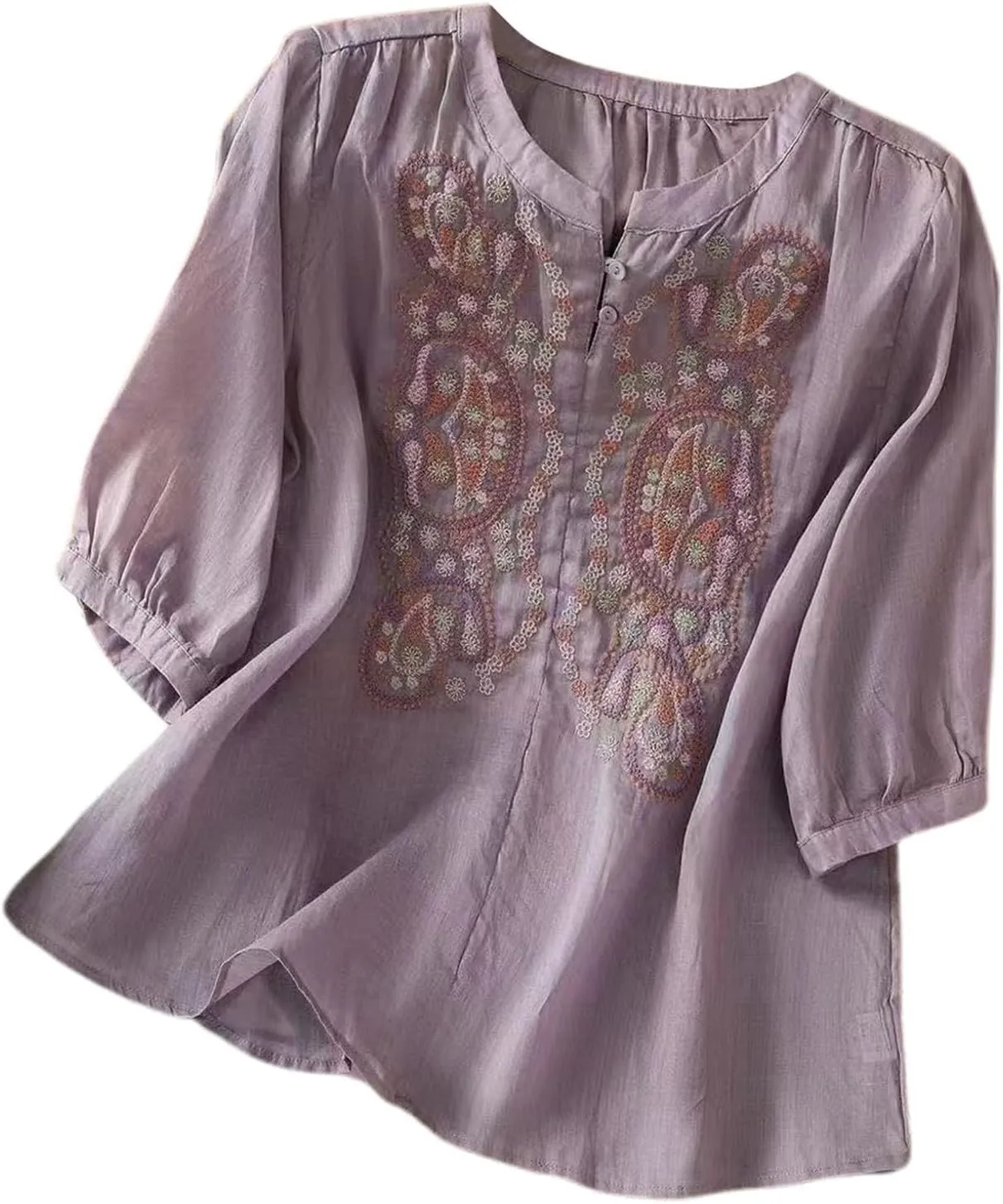 Cotton Linen Shirts for Women 2025 Floral Embroidered Tops Boho Ethnic Women 3/4 Sleeve V Neck Gauze Tunic Tshirt