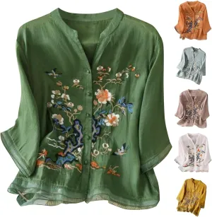 Cotton Linen Shirts for Women 2025 Floral Embroidered Tops Boho Ethnic Women 3/4 Sleeve V Neck Gauze Tunic Tshirt