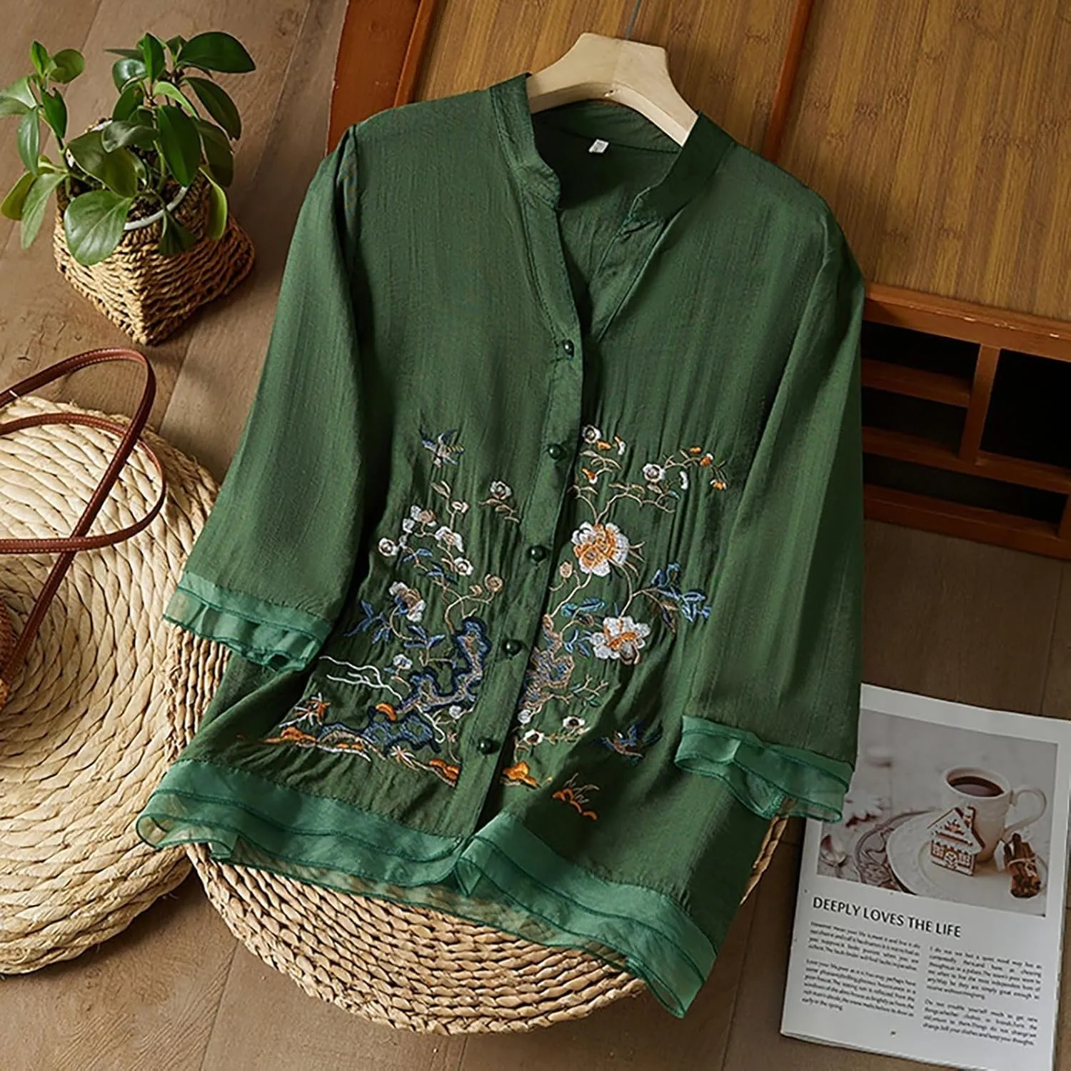 Cotton Linen Shirts for Women 2025 Floral Embroidered Tops Boho Ethnic Women 3/4 Sleeve V Neck Gauze Tunic Tshirt