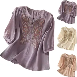Cotton Linen Shirts for Women 2025 Floral Embroidered Tops Boho Ethnic Women 3/4 Sleeve V Neck Gauze Tunic Tshirt