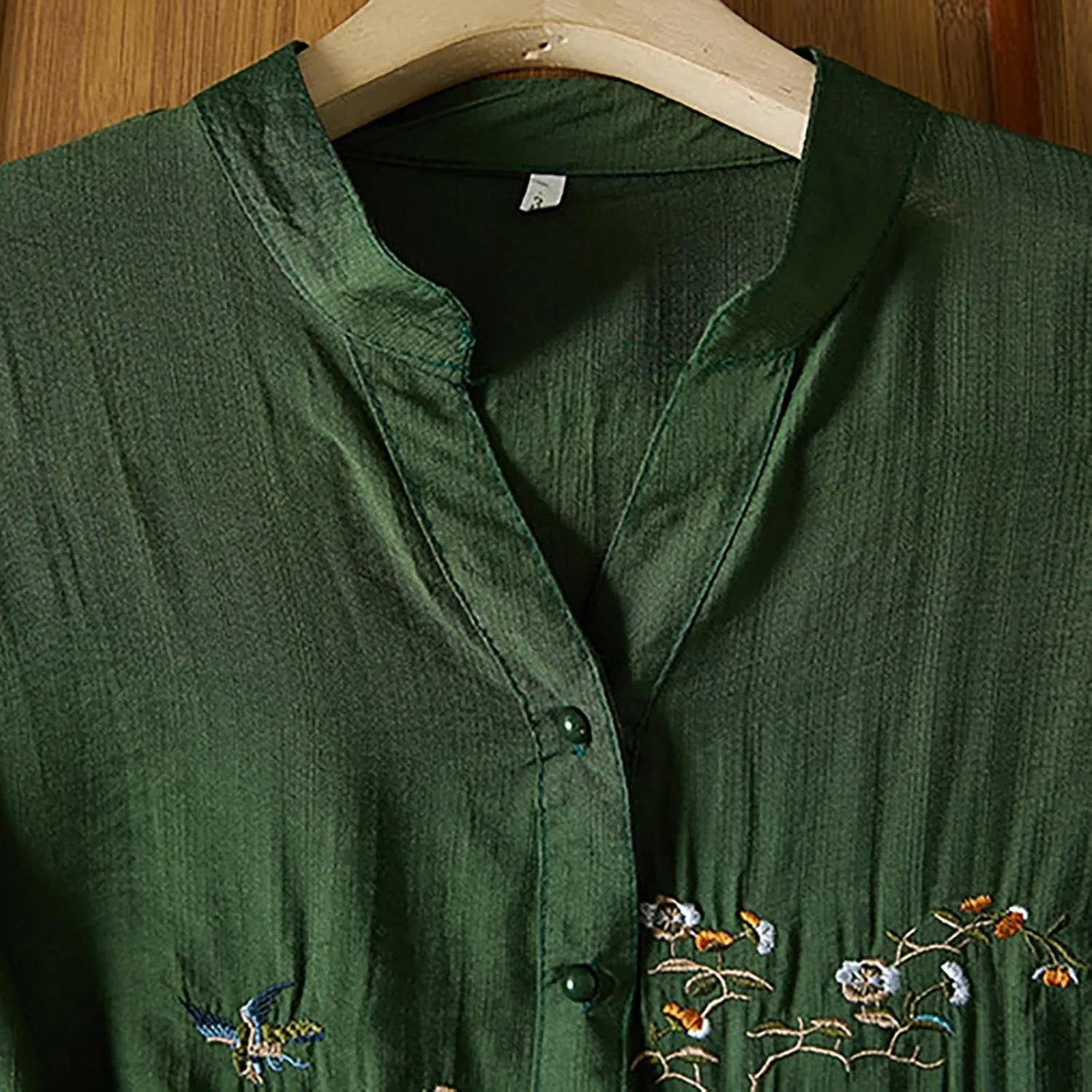 Cotton Linen Shirts for Women 2025 Floral Embroidered Tops Boho Ethnic Women 3/4 Sleeve V Neck Gauze Tunic Tshirt