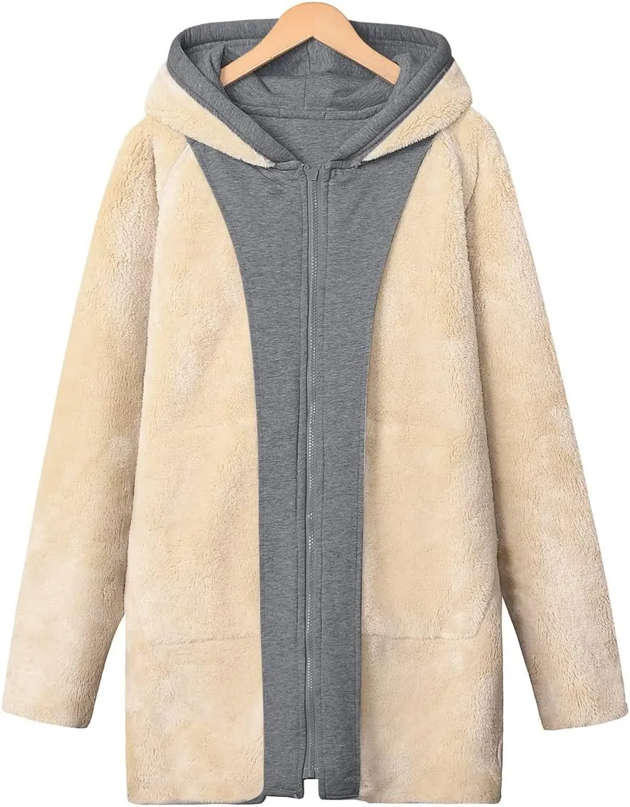 Gihuo Women's Winter Coat Sherpa Lined Zip Hoodie Long Sweatshirt Warm Fleece Lining Heavyweight Hooded Jacket