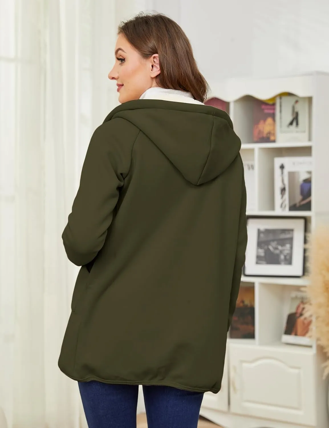 Gihuo Women's Winter Coat Sherpa Lined Zip Hoodie Long Sweatshirt Warm Fleece Lining Heavyweight Hooded Jacket