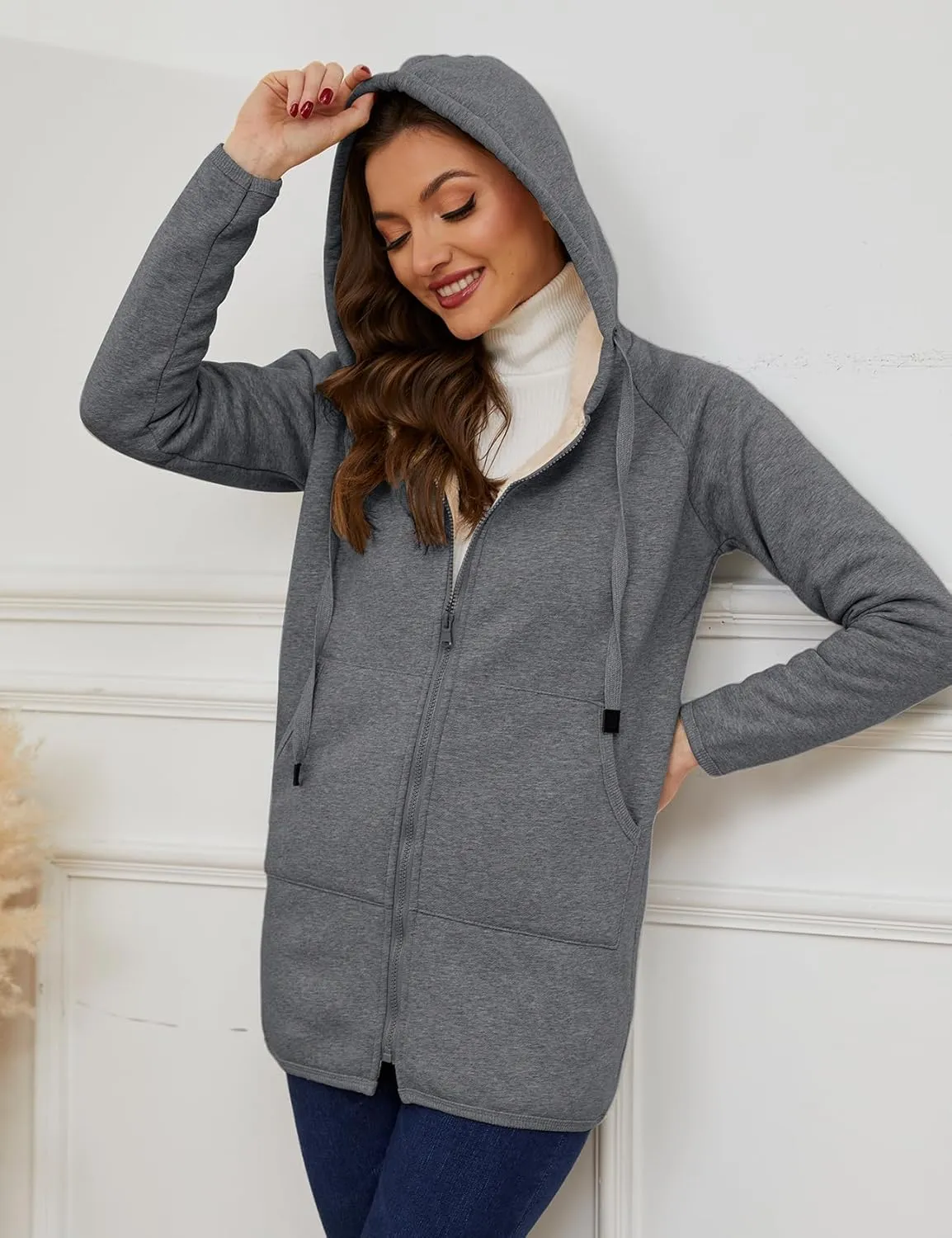 Gihuo Women's Winter Coat Sherpa Lined Zip Hoodie Long Sweatshirt Warm Fleece Lining Heavyweight Hooded Jacket
