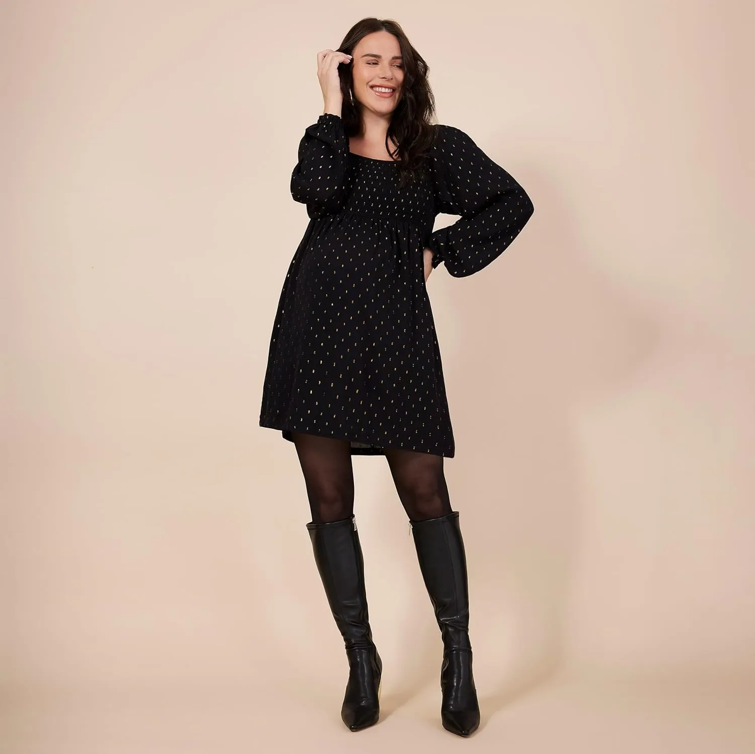 Motherhood Maternity Women's Long Sleeve Smocked Babydoll Mini Dress