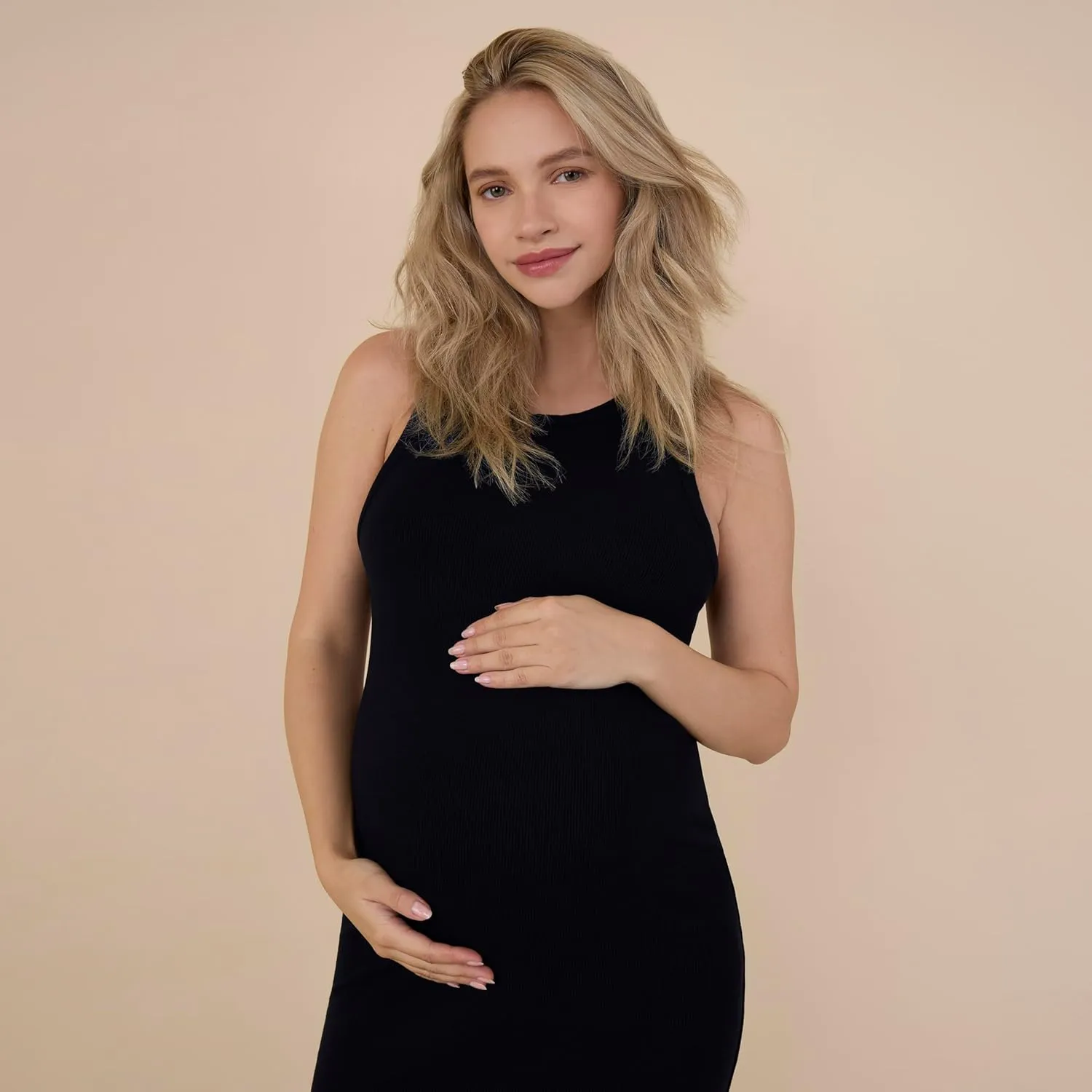Motherhood Maternity Women's Sleeveless Racerback Rib Knit Midi Pregnancy Bodycon Dress