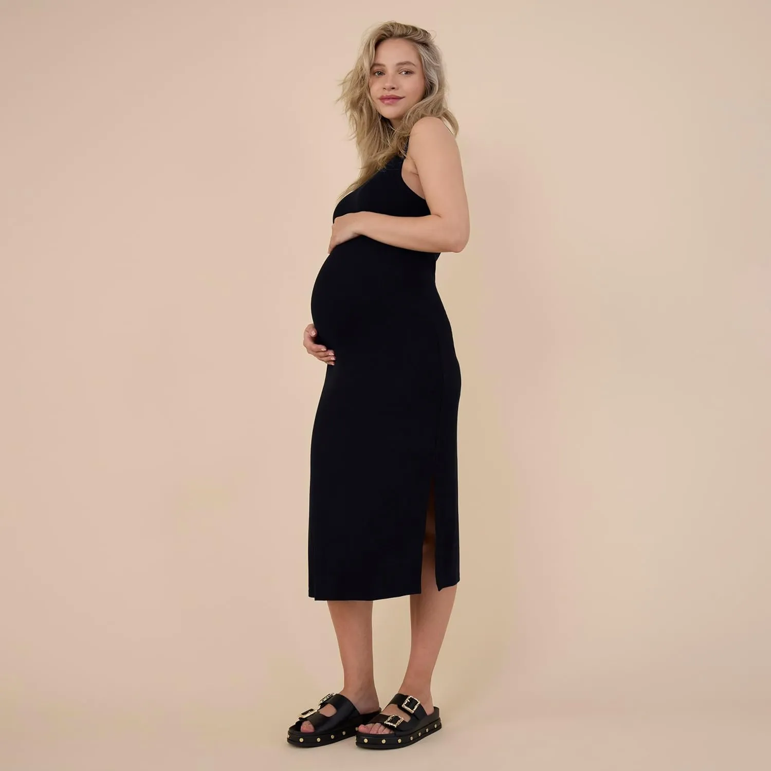 Motherhood Maternity Women's Sleeveless Racerback Rib Knit Midi Pregnancy Bodycon Dress
