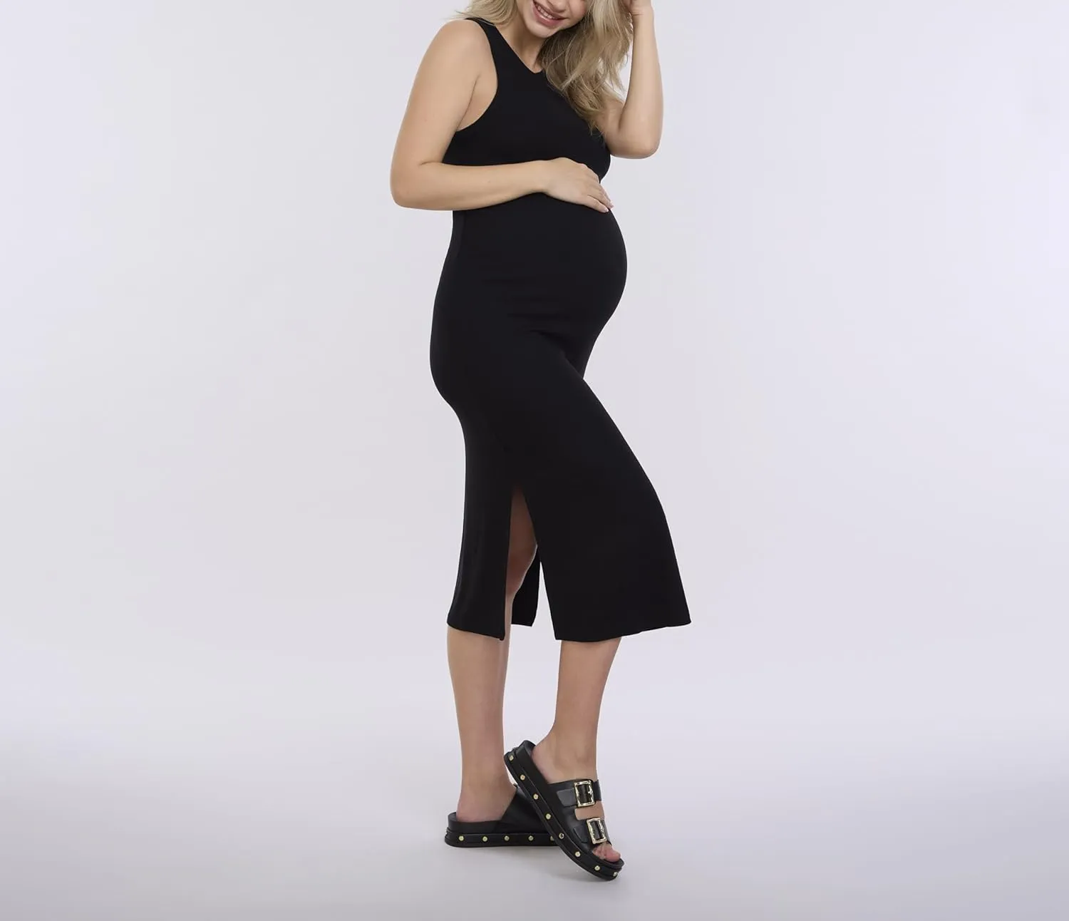 Motherhood Maternity Women's Sleeveless Racerback Rib Knit Midi Pregnancy Bodycon Dress