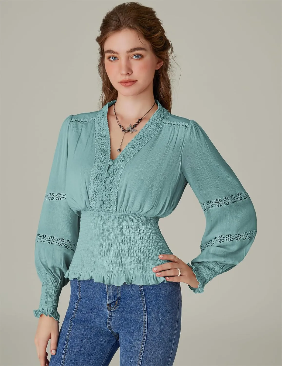 Scarlet Darkness Women's Renaissance Peasant Blouse V Neck Lantern Sleeve Lace Smocked Tops
