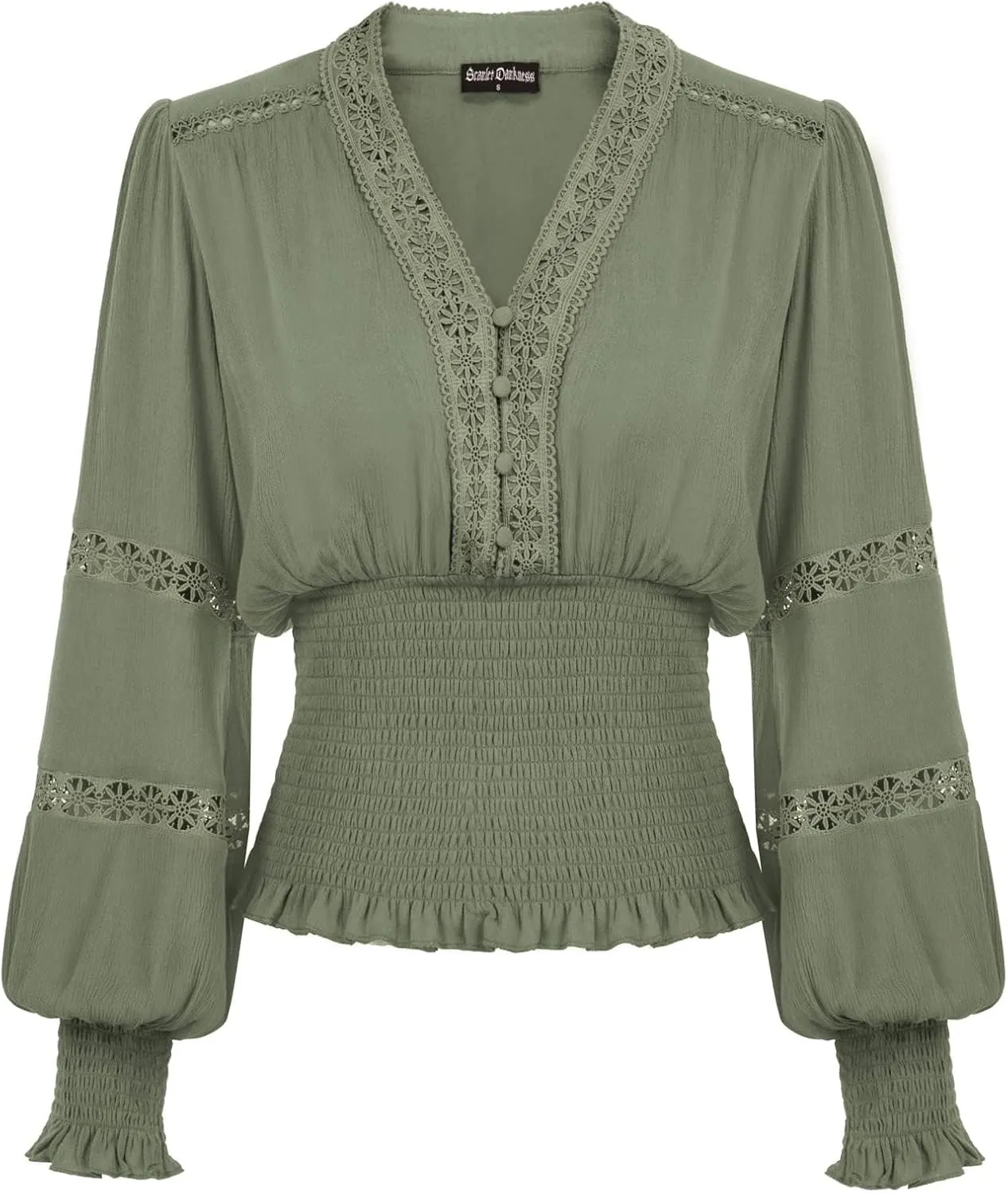 Scarlet Darkness Women's Renaissance Peasant Blouse V Neck Lantern Sleeve Lace Smocked Tops