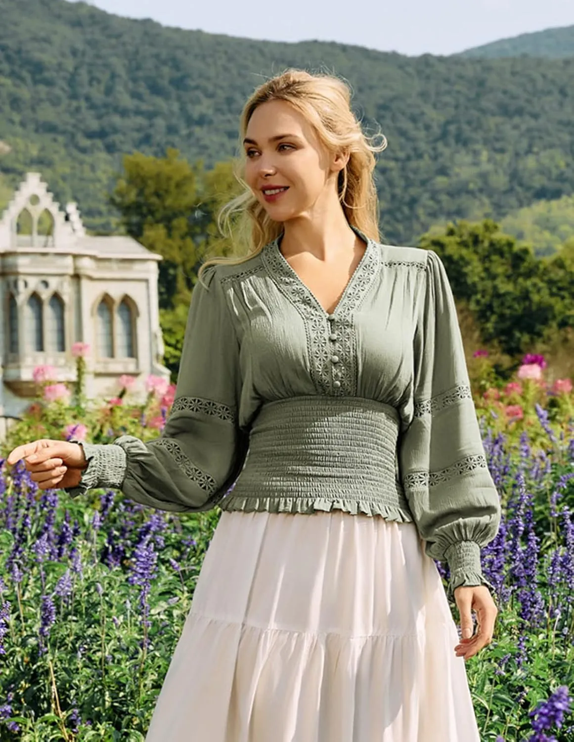 Scarlet Darkness Women's Renaissance Peasant Blouse V Neck Lantern Sleeve Lace Smocked Tops