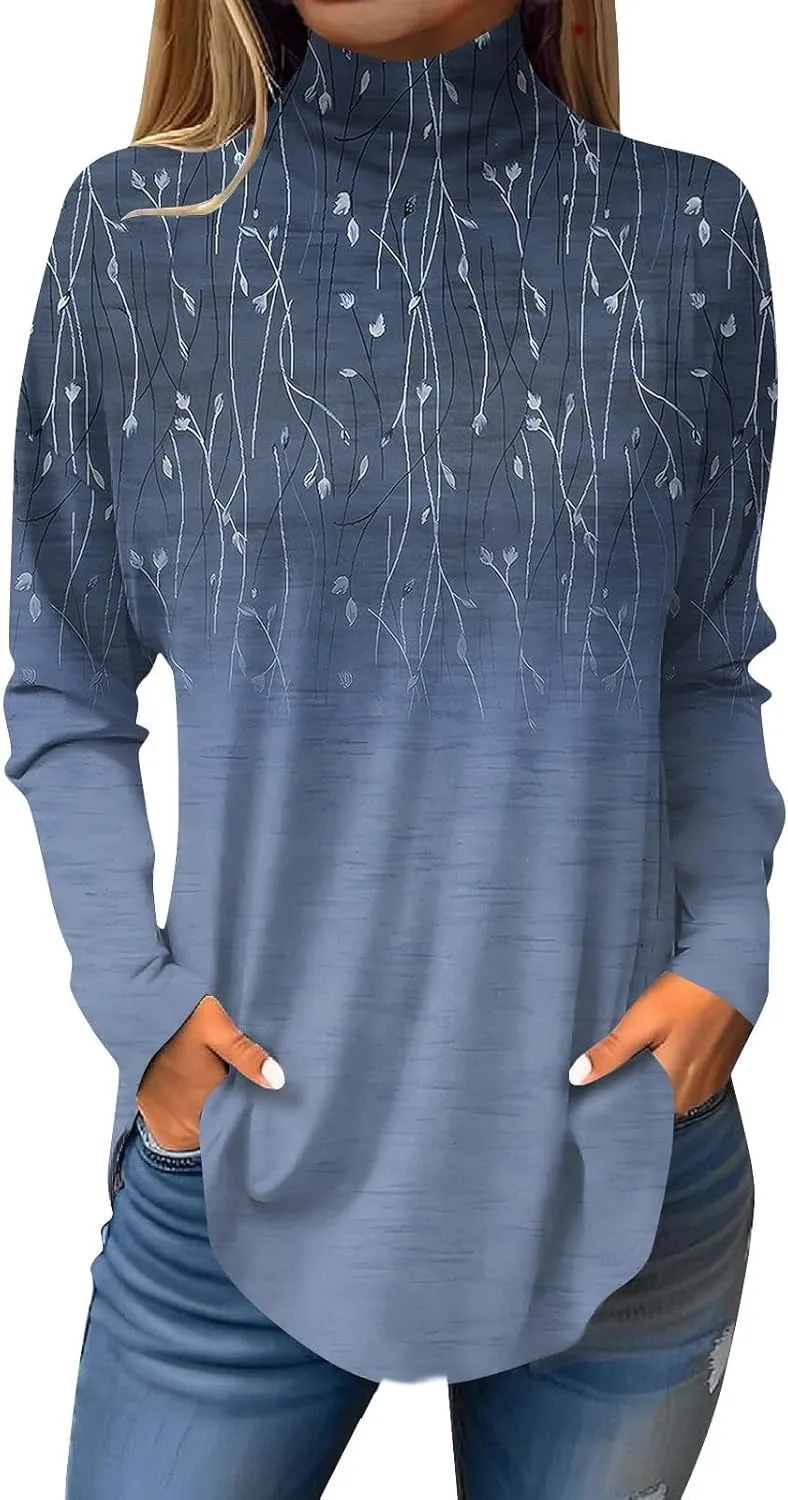 Tops for Women Trendy Long Sleeve Fall Blouses Printed Turtleneck Top Loose Winter Shirts Cozy Lightweight T Shirts