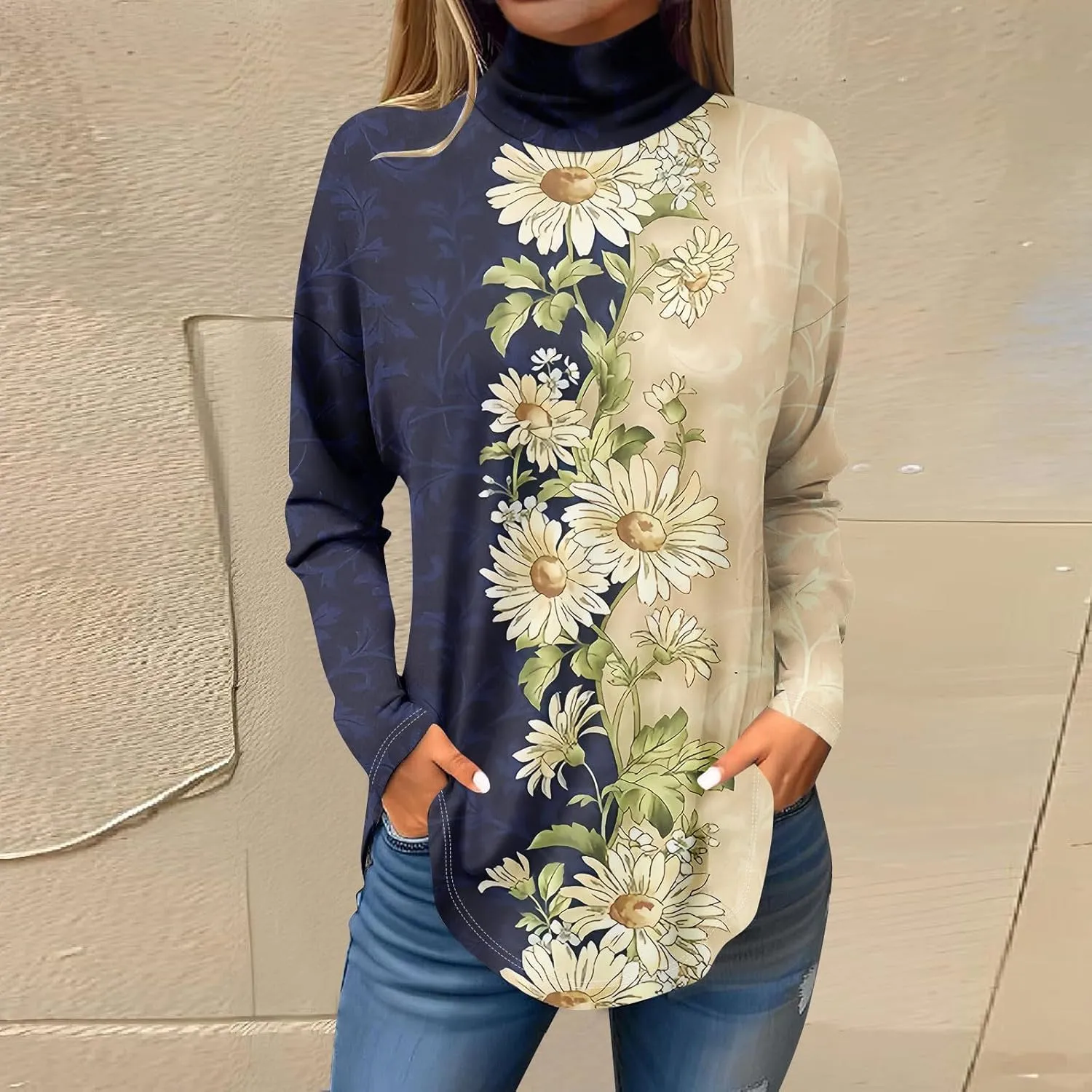 Tops for Women Trendy Long Sleeve Fall Blouses Printed Turtleneck Top Loose Winter Shirts Cozy Lightweight T Shirts
