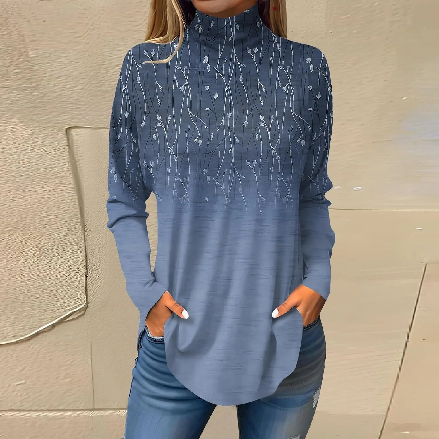 Tops for Women Trendy Long Sleeve Fall Blouses Printed Turtleneck Top Loose Winter Shirts Cozy Lightweight T Shirts