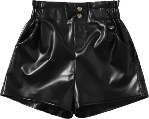 WDIRARA Girl's Leather Shorts Casual Elastic Waist Dressy Shorts with Pocket