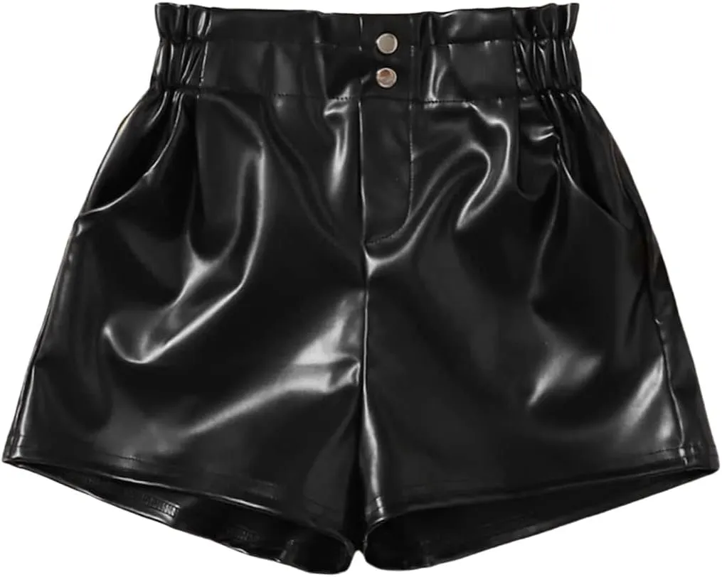 WDIRARA Girl's Leather Shorts Casual Elastic Waist Dressy Shorts with Pocket